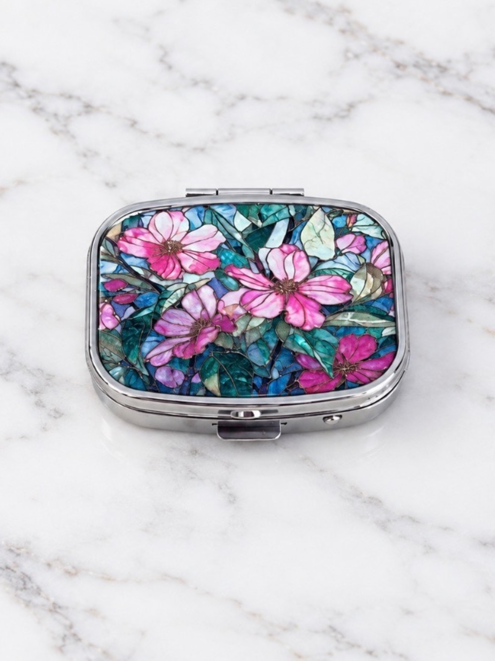 Pink Floral Design Purse Pill Box/Travel Jewelry-Compact With Lidded Mirror